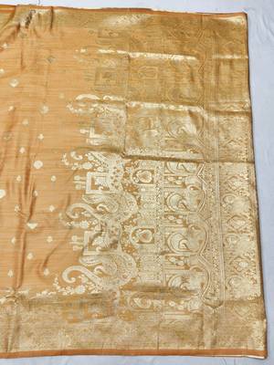 peach zari woven banarasi satin silk blend traditional saree with blouse piece 2