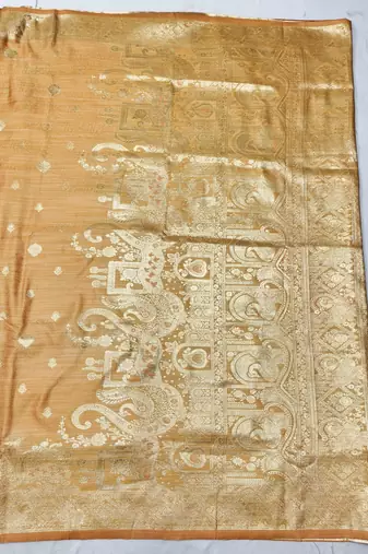 peach zari woven banarasi satin silk blend traditional saree with blouse piece