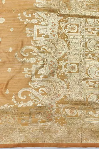 peach zari woven banarasi satin silk blend traditional saree with blouse piece