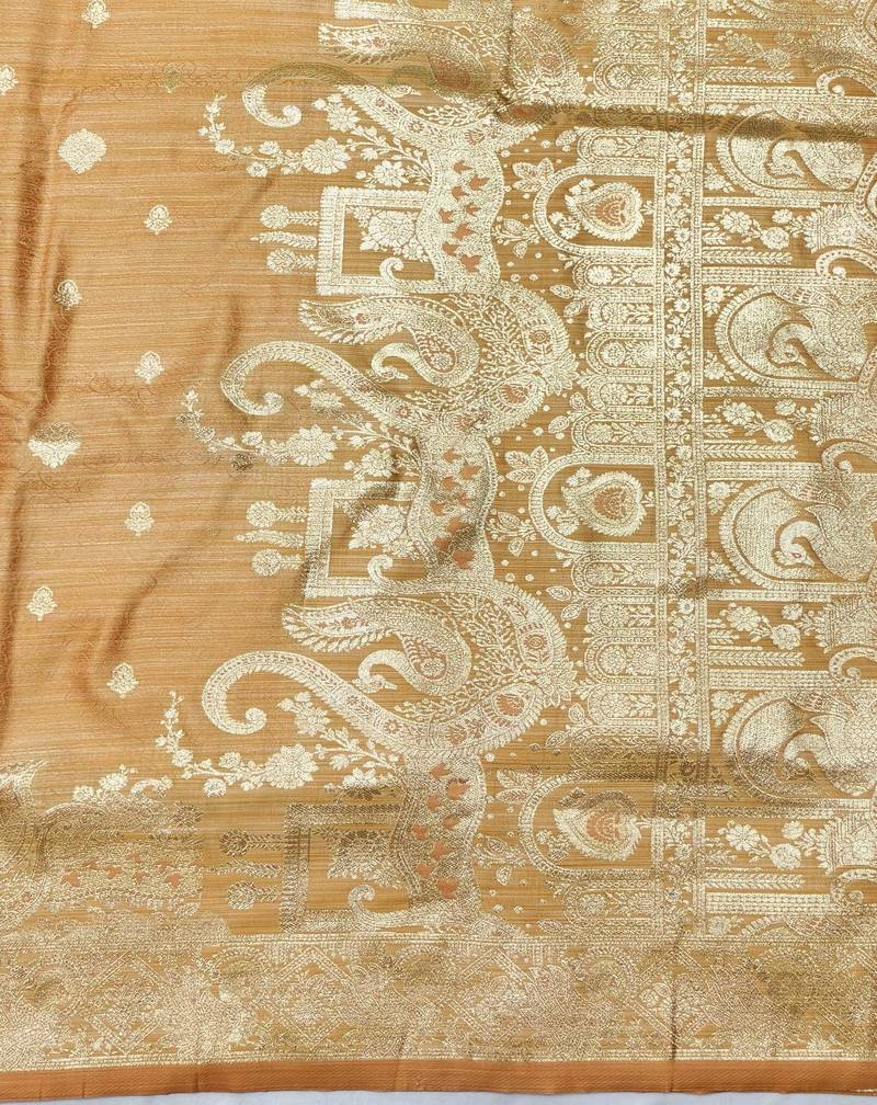 peach zari woven banarasi satin silk blend traditional saree with blouse piece