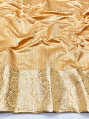 peach zari woven banarasi satin silk blend traditional saree with blouse piece 4