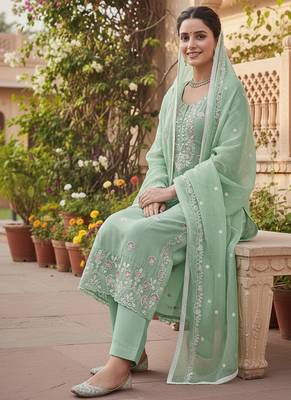 sea green embroidered glaze cotton unstitched dress material  2