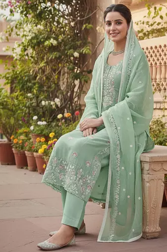 sea green embroidered glaze cotton unstitched dress material 
