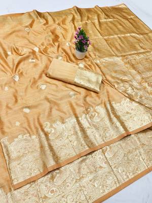 peach zari woven banarasi satin silk blend traditional saree with blouse piece 5