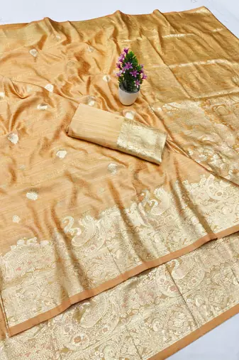 peach zari woven banarasi satin silk blend traditional saree with blouse piece