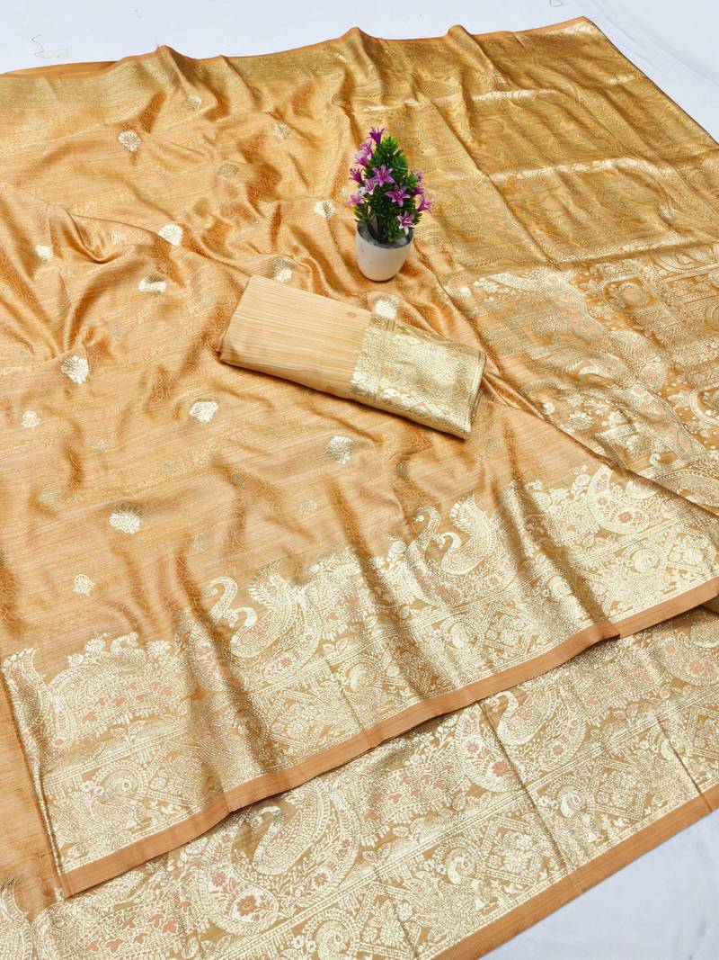 peach zari woven banarasi satin silk blend traditional saree with blouse piece