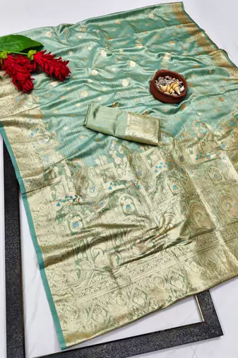 blue zari woven banarasi satin silk blend traditional saree with blouse piece
