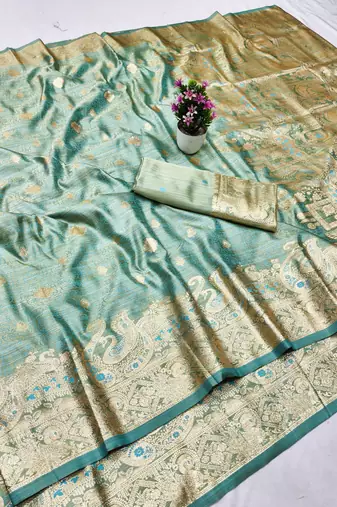 blue zari woven banarasi satin silk blend traditional saree with blouse piece