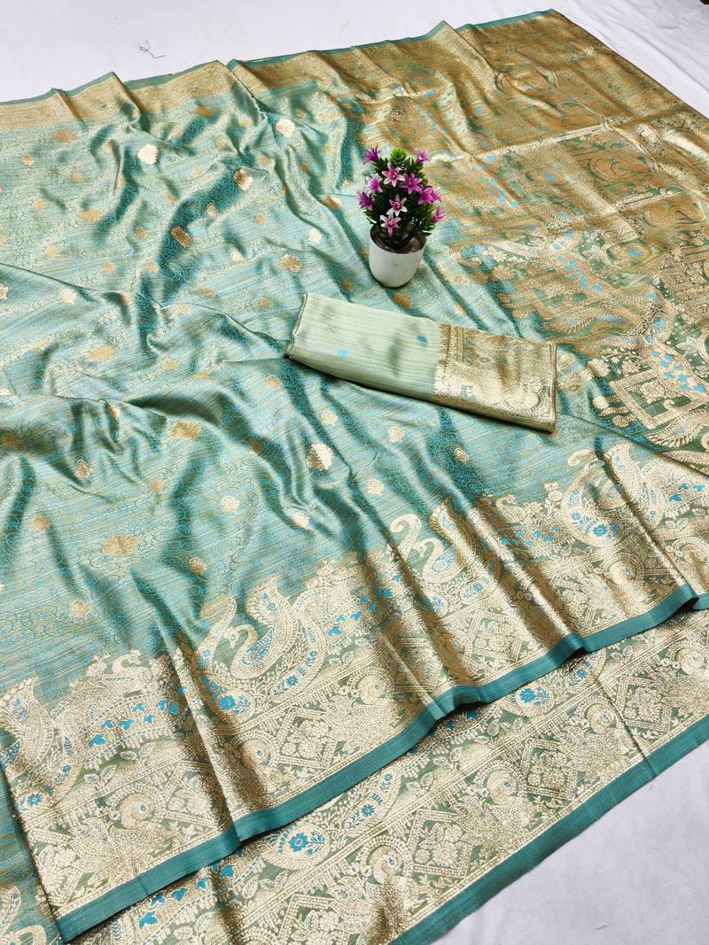 blue zari woven banarasi satin silk blend traditional saree with blouse piece