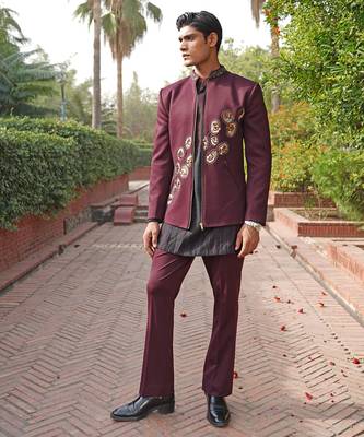 Maroon embroidered silk blend indo western set 1