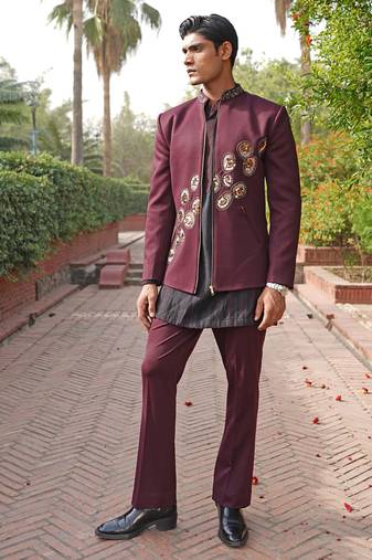 Maroon embroidered silk blend indo western set