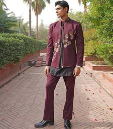 Maroon embroidered silk blend indo western set