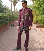 Maroon embroidered silk blend indo western set