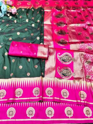 green zari woven banarasi silk blend traditional saree with blouse piece 1