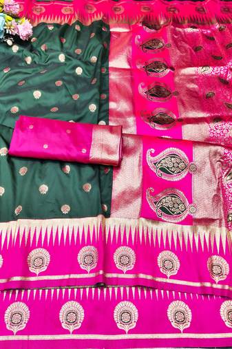 green zari woven banarasi silk blend traditional saree with blouse piece