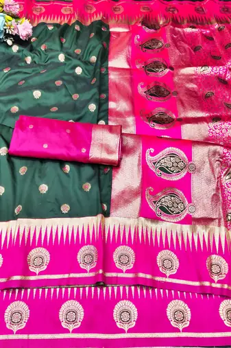 green zari woven banarasi silk blend traditional saree with blouse piece