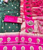 green zari woven banarasi silk blend traditional saree with blouse piece