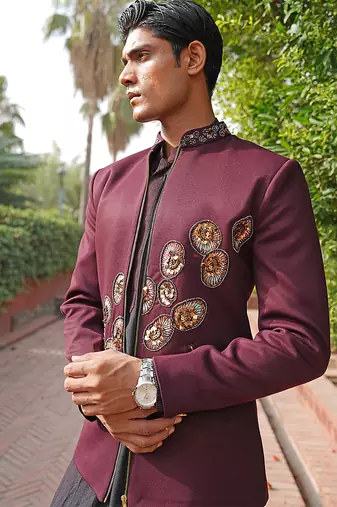 Maroon embroidered silk blend indo western set