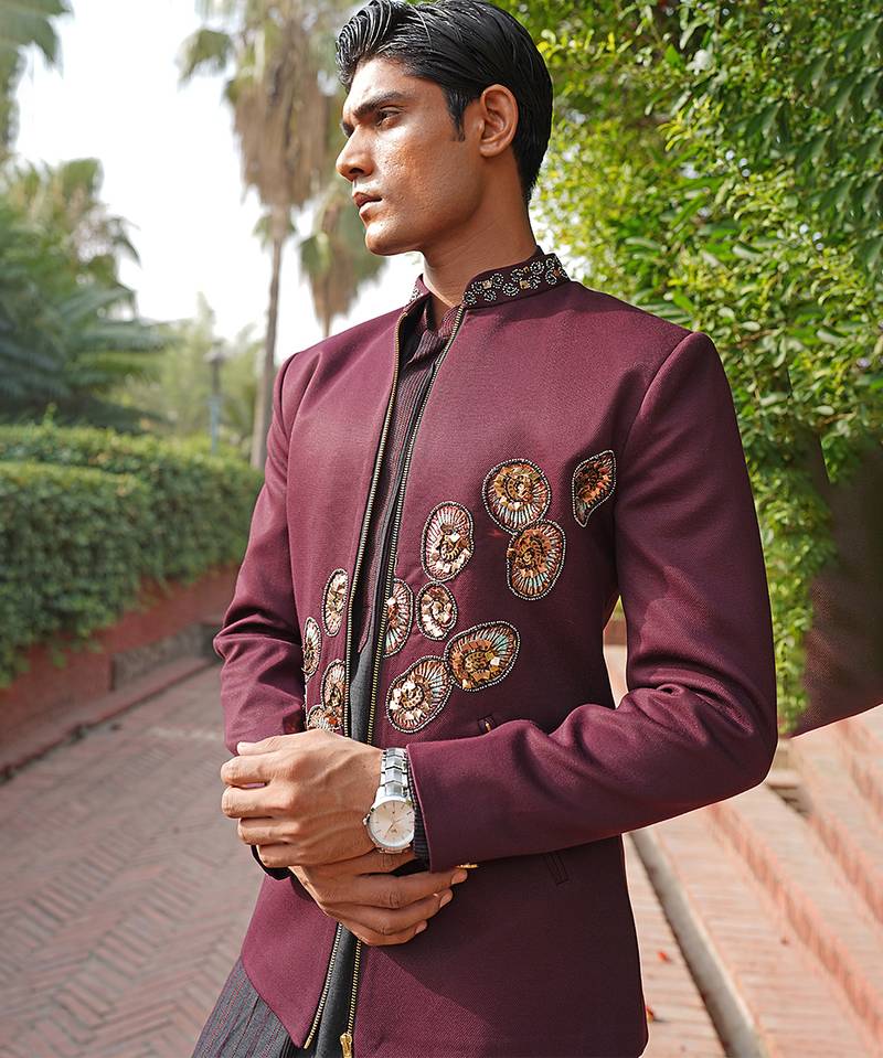 Maroon embroidered silk blend indo western set