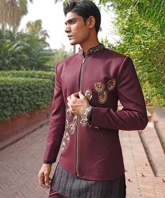 Maroon embroidered silk blend indo western set 3