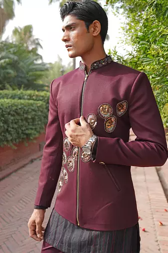 Maroon embroidered silk blend indo western set