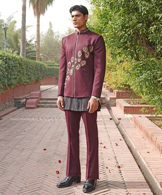 Maroon embroidered silk blend indo western set 4