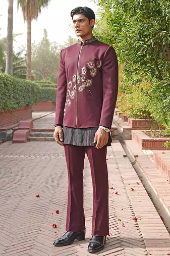 Maroon embroidered silk blend indo western set