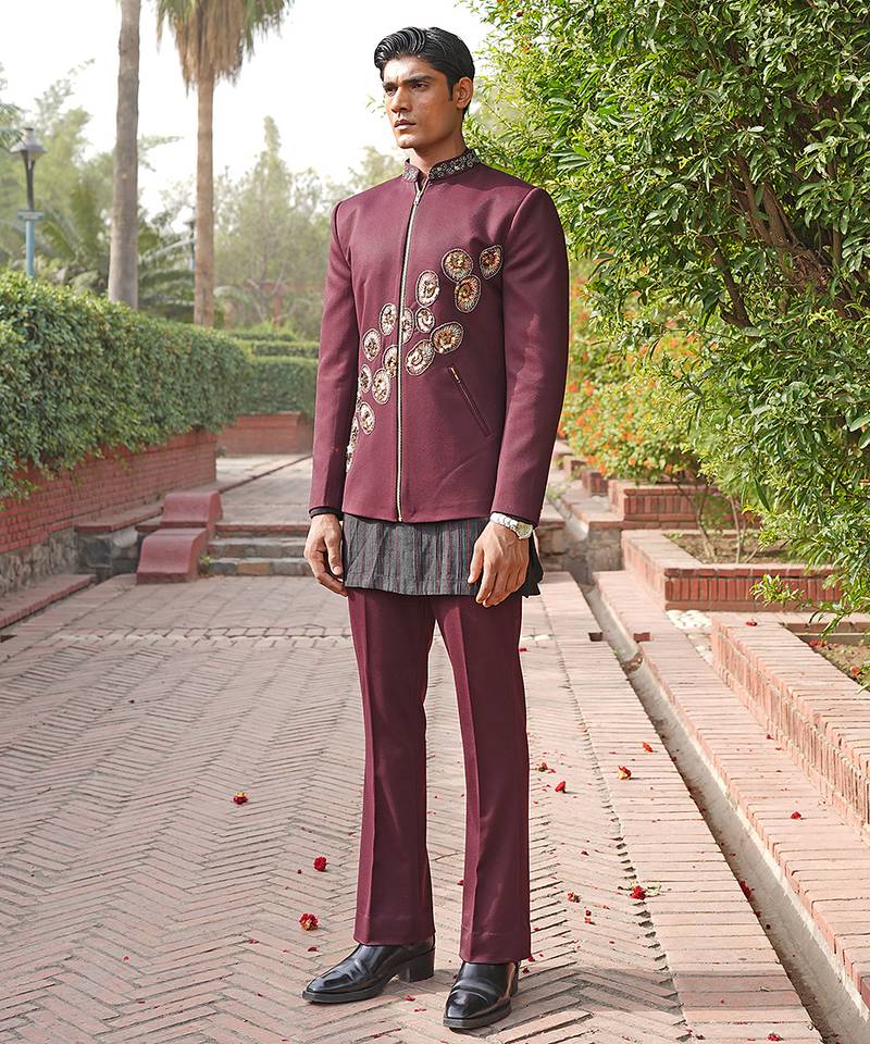 Maroon embroidered silk blend indo western set
