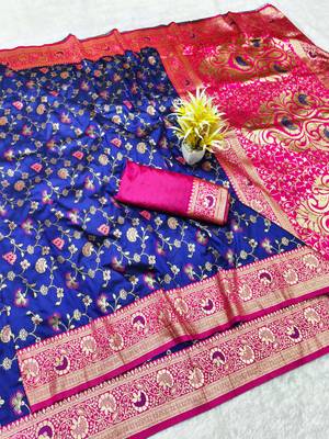 blue zari woven banarasi silk blend traditional saree with blouse piece 1