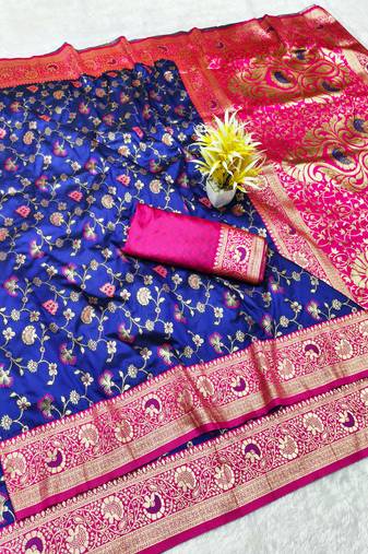 blue zari woven banarasi silk blend traditional saree with blouse piece