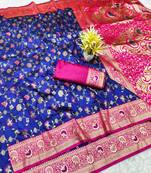 blue zari woven banarasi silk blend traditional saree with blouse piece