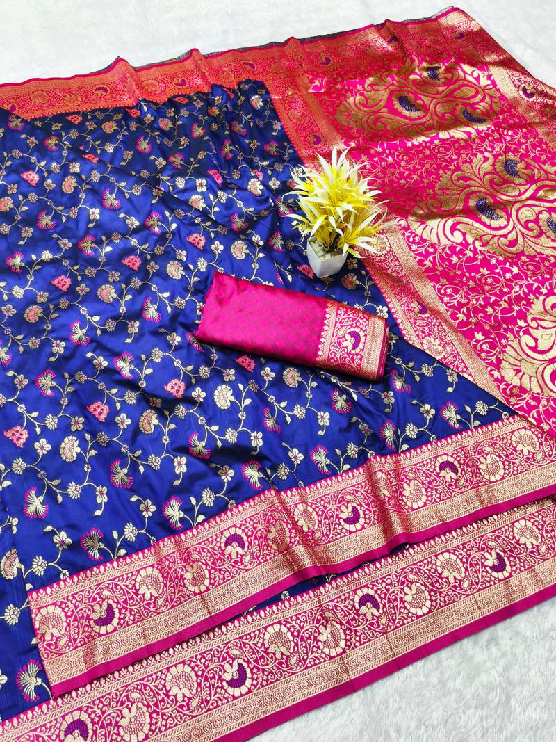 blue zari woven banarasi silk blend traditional saree with blouse piece