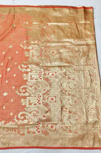 pink zari woven banarasi satin silk blend traditional saree with blouse piece