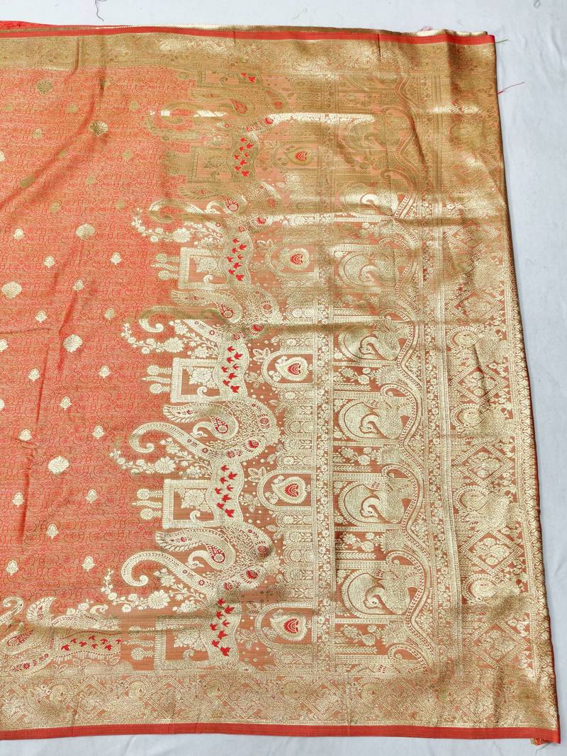 pink zari woven banarasi satin silk blend traditional saree with blouse piece