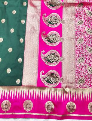 green zari woven banarasi silk blend traditional saree with blouse piece 3