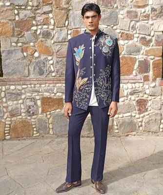 Navy blue embroidered silk blend bandhgala set 1
