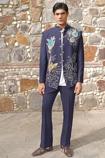 Navy blue embroidered silk blend bandhgala set
