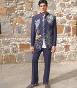 Navy blue embroidered silk blend bandhgala set