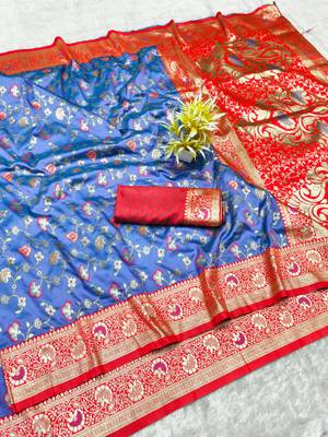 light blue zari woven banarasi silk blend traditional saree with blouse piece 1