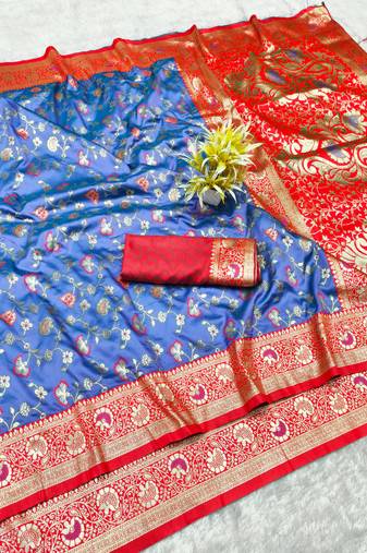 light blue zari woven banarasi silk blend traditional saree with blouse piece