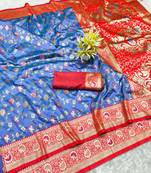 light blue zari woven banarasi silk blend traditional saree with blouse piece