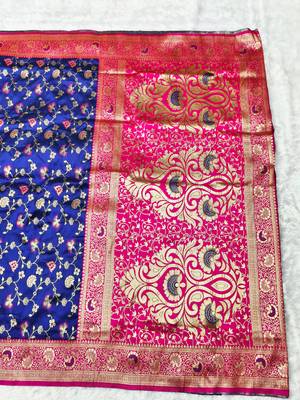 blue zari woven banarasi silk blend traditional saree with blouse piece 2