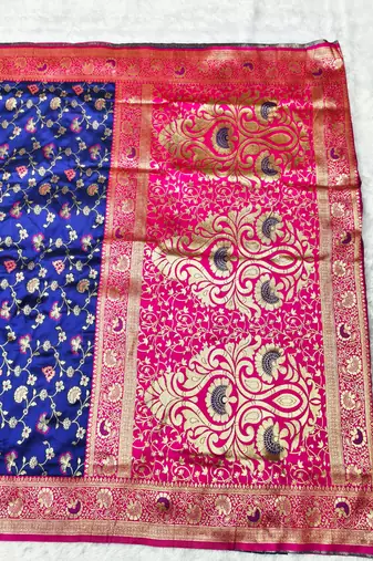 blue zari woven banarasi silk blend traditional saree with blouse piece