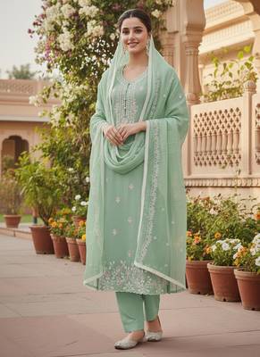 sea green embroidered glaze cotton unstitched dress material  3