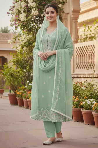 sea green embroidered glaze cotton unstitched dress material 
