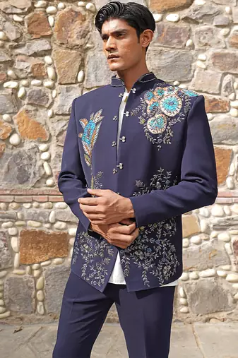 Navy blue embroidered silk blend bandhgala set