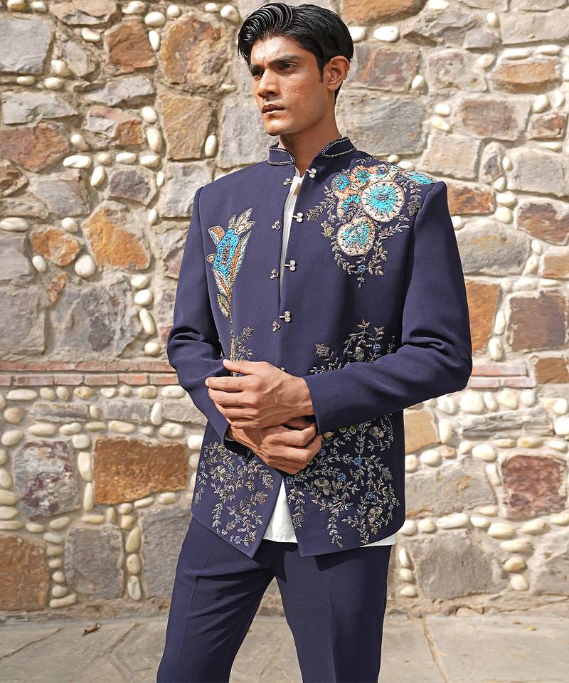 Navy blue embroidered silk blend bandhgala set