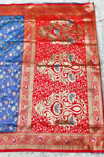 light blue zari woven banarasi silk blend traditional saree with blouse piece