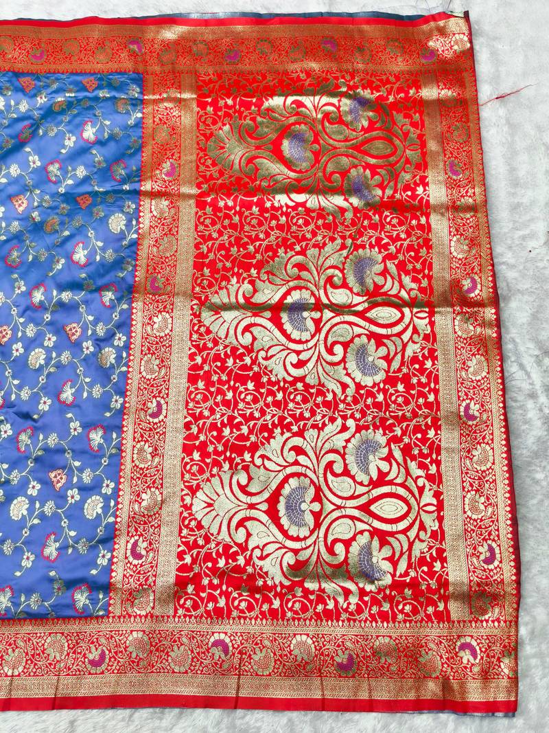 light blue zari woven banarasi silk blend traditional saree with blouse piece