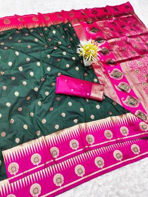 green zari woven banarasi silk blend traditional saree with blouse piece 5